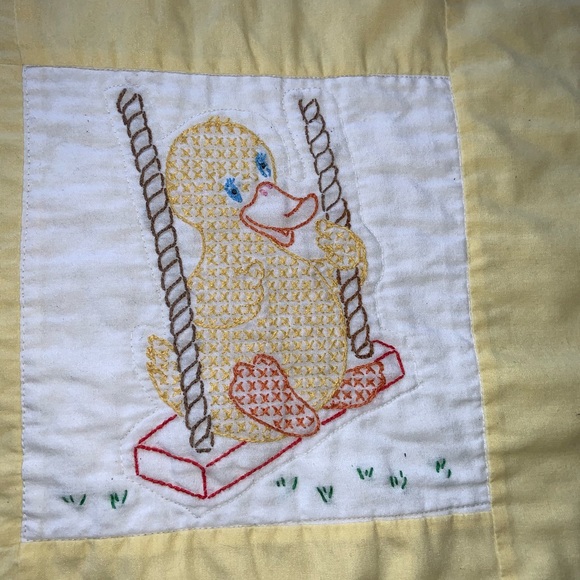 Vintage baby quilt with cross-stitch ducks in many activities. - Picture 7 of 9